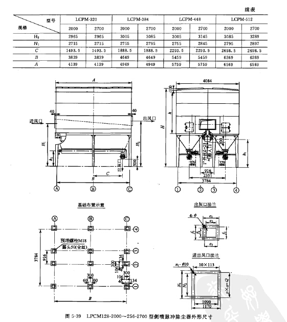 LPCM128-2000~256-2700型側(cè)噴脈沖除塵器外形尺寸 LPCM128-2000~256-2700型側(cè)噴脈沖除塵器外形尺寸